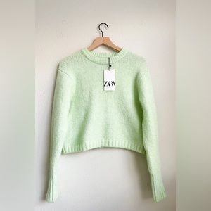 Zara Mint Green Light Green Cropped Fuzzy Sweater